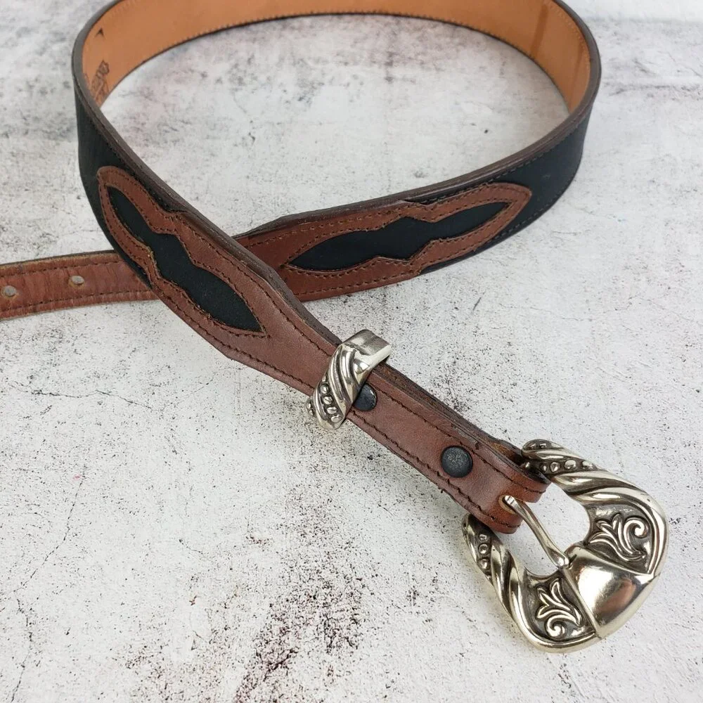 Vintage NOCONA Leather Belt Western Engraved Buckle Southwestern Boho Brown 34